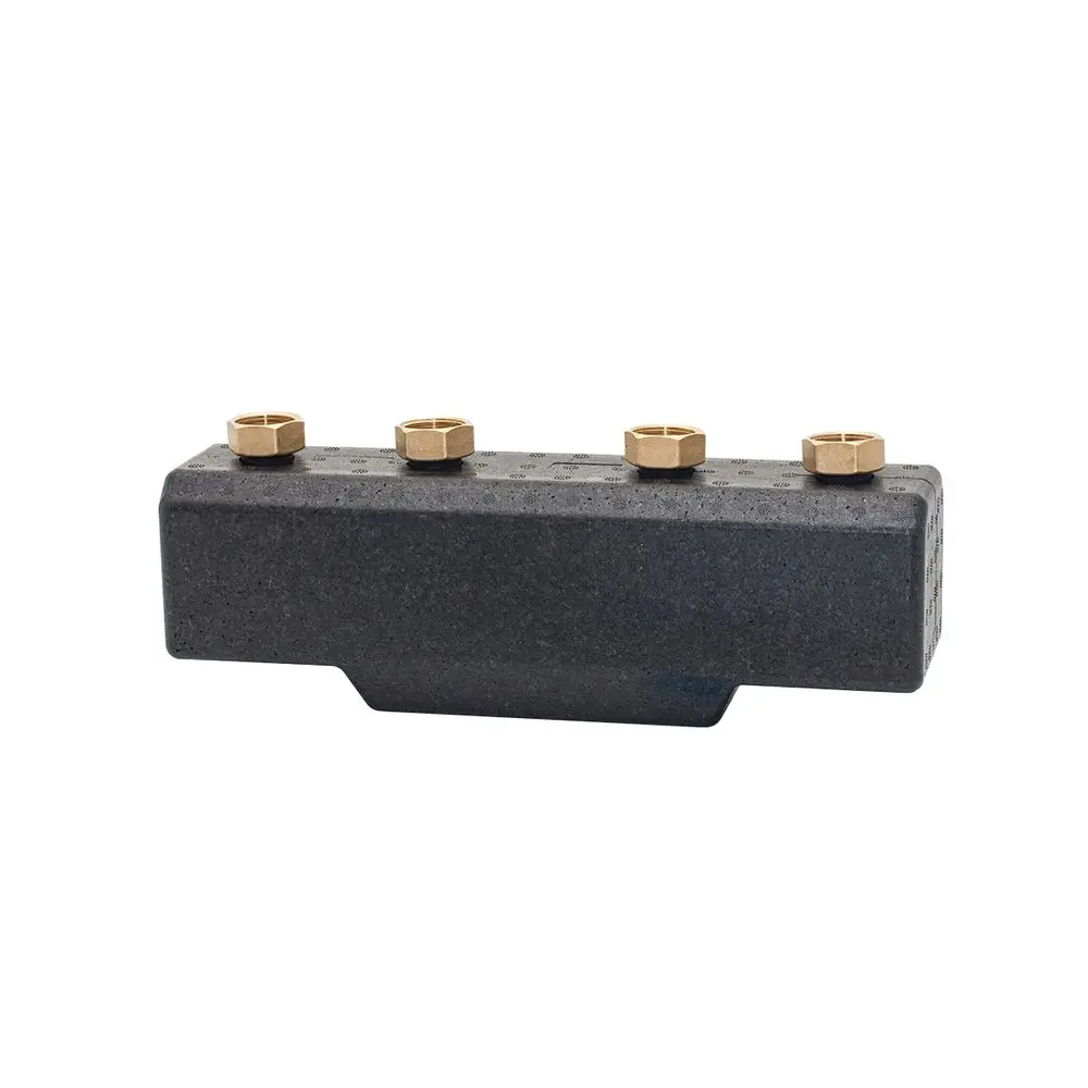 Verteilerbalken von ESBE mit mehreren Anschlüssen, montierbar für Pumpen, aus grauem Material, zur Verteilung von hydraulischen Anlagen.